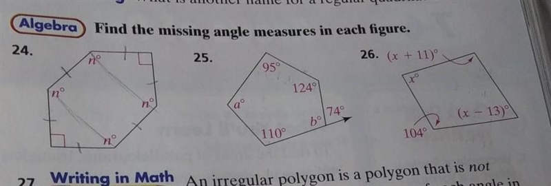 05 Algebra Find the missing angle measures in each figure. 26. (x + 11) 24. 25. 95° 124° 749 (x-example-1