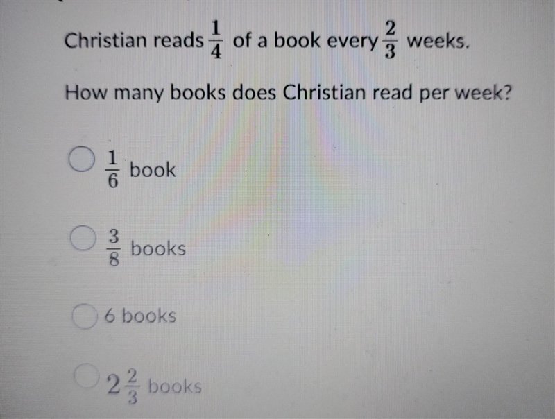 Question 1 (1 point) Christian reads of a book every 2 weeks. 3 How many books does-example-1