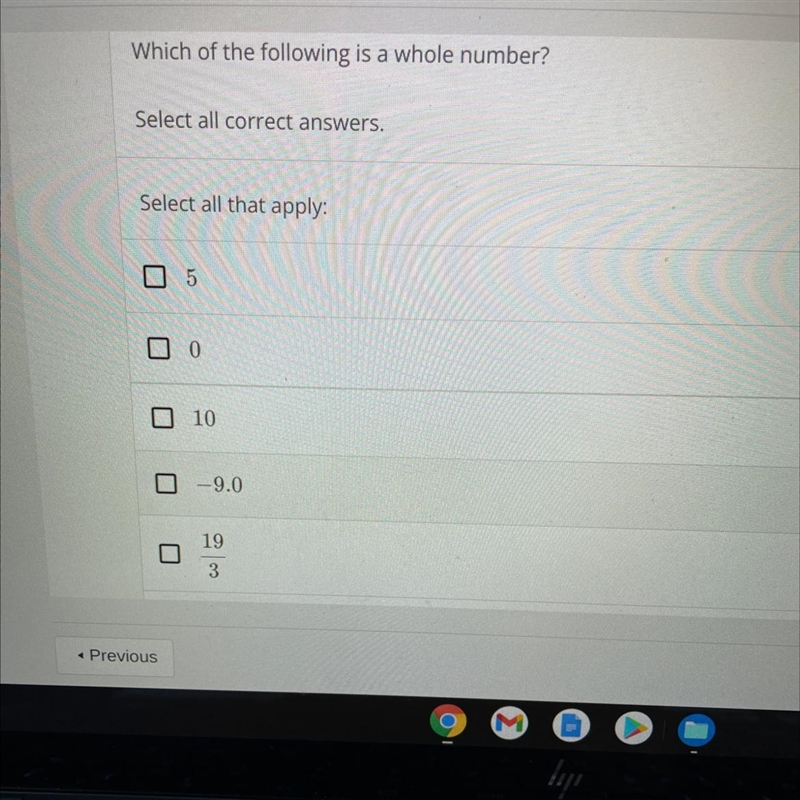 Which of the following is a whole number 1. 52. 03. 104. -9.05. 19/36.-7-example-1