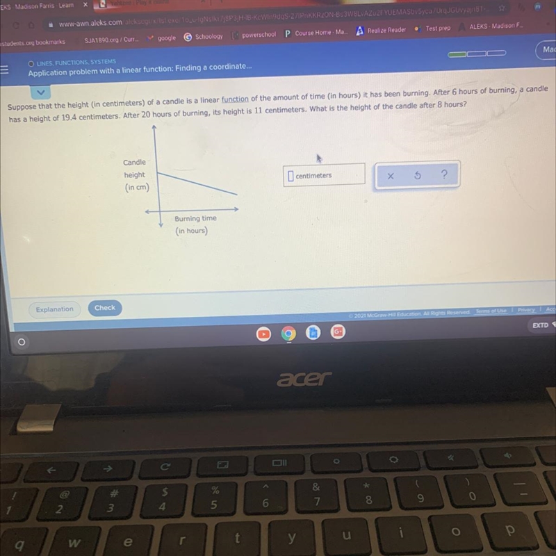 Suppose that the height (in centimeters) of a candle is a linear function of the amount-example-1