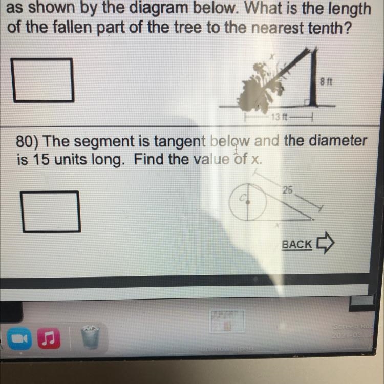 The segment is tangent below and the diameteris 15 units long. Find the value of x-example-1