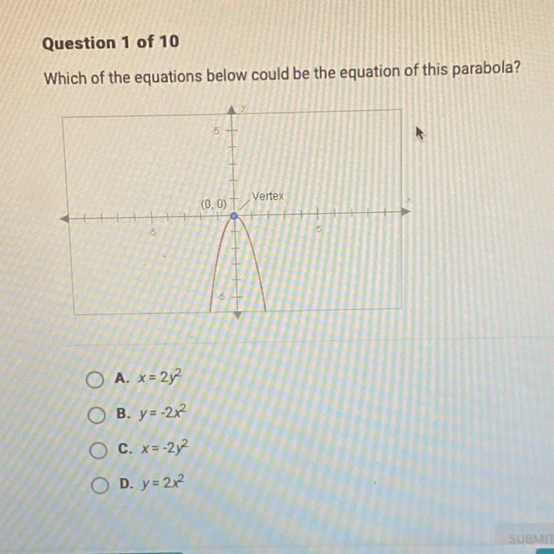 Which of the equations below could be the equation of this parabola?-5O A. x=2y²OB-example-1