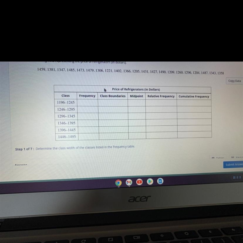 Determine the class width of the classes listed in the frequency table-example-1