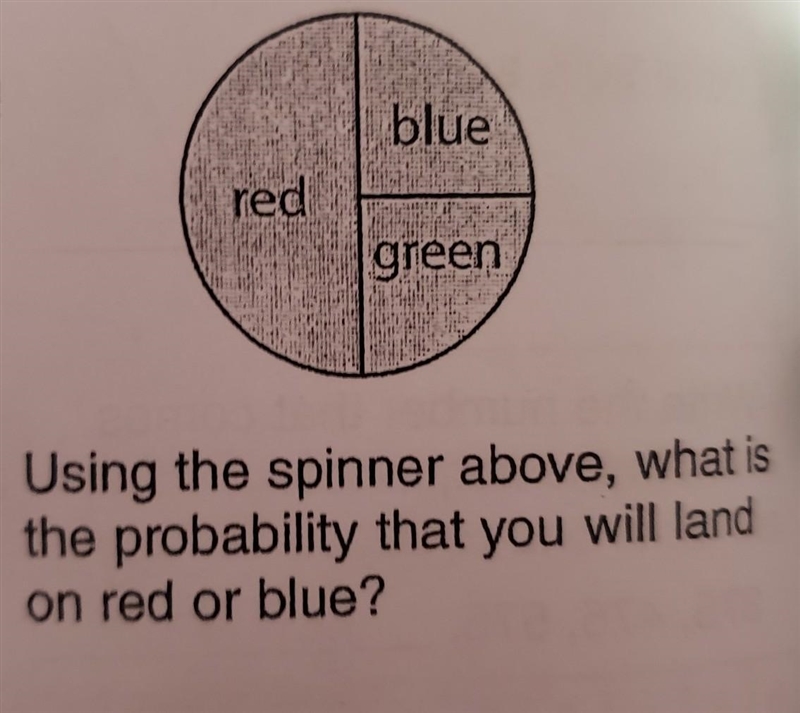 Using the spinner above, what is the probability that you will land on red or blue-example-1