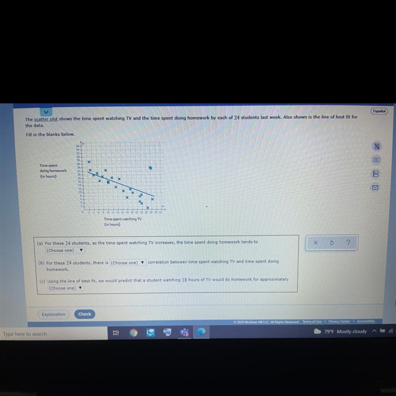 The scatter plot shows the time spent watching tv and the spent doing homework-example-1