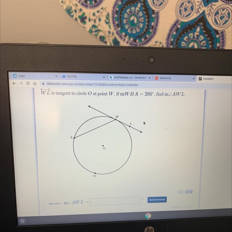 W L is tangent to circle O at point W. If mW H A = 260 degrees , find m< AWL-example-1