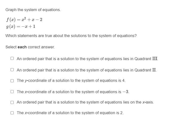 Please help:Graph the system of equations.f (x )= x^2 + x −2g (x) = −x + 1Which statements-example-1