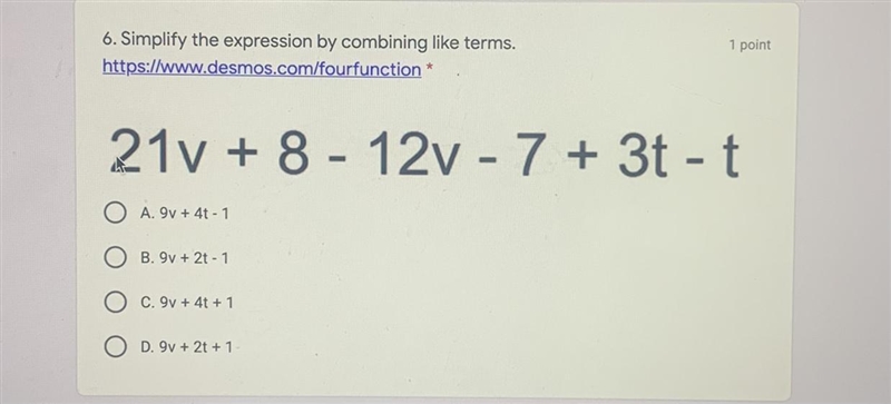 Simplify the expression by combing like terms.21v + 8 - 12v - 7 + 3t - t-example-1