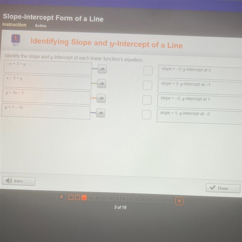 Identify the slope and y-intercept of each linear function's equationslope=-1; y-intercept-example-1