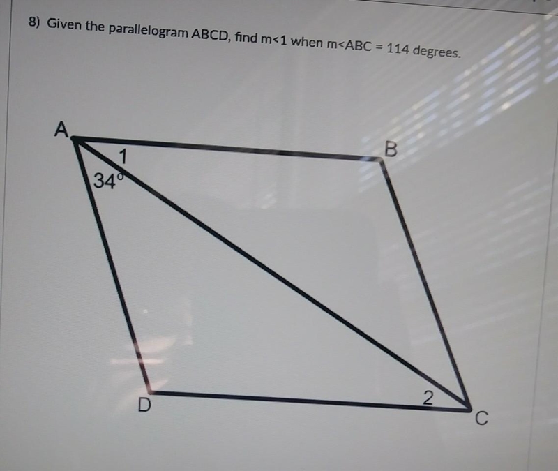 Given the parallelogram ABCD, find m<1 when m-example-1