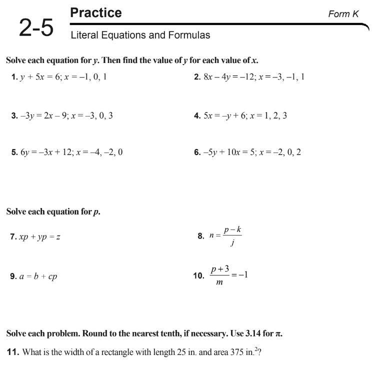 Solve each equation for y. Then find the value of y for each value of x.-example-1