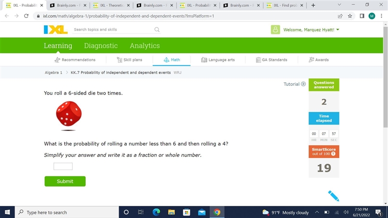 You roll a 6-sided die two times.What is the probability of rolling a number less-example-1