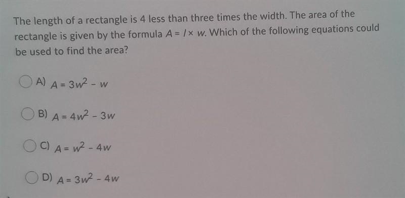 The length of a rectangle is 4 less than three times the width. The area of the rectangle-example-1