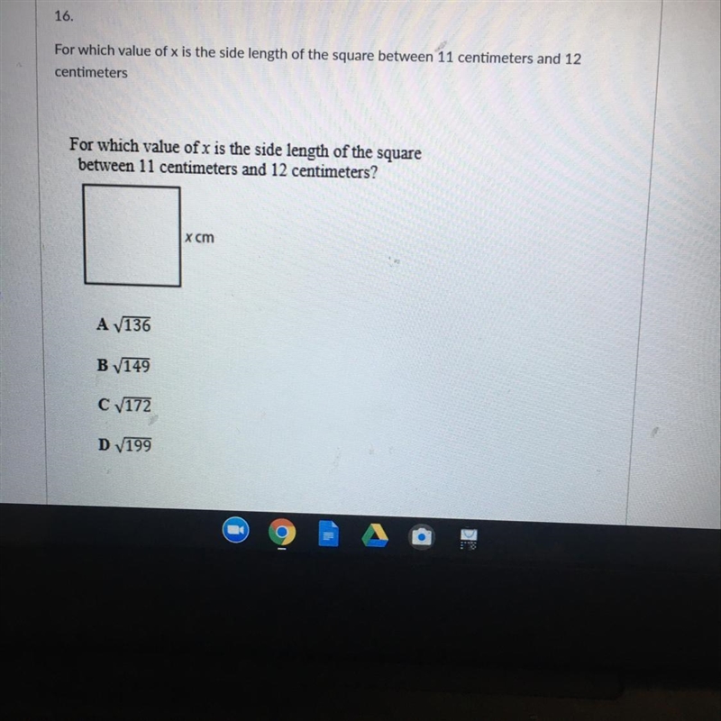 16.For which value of x is the side length of the square between 11 centimeters and-example-1