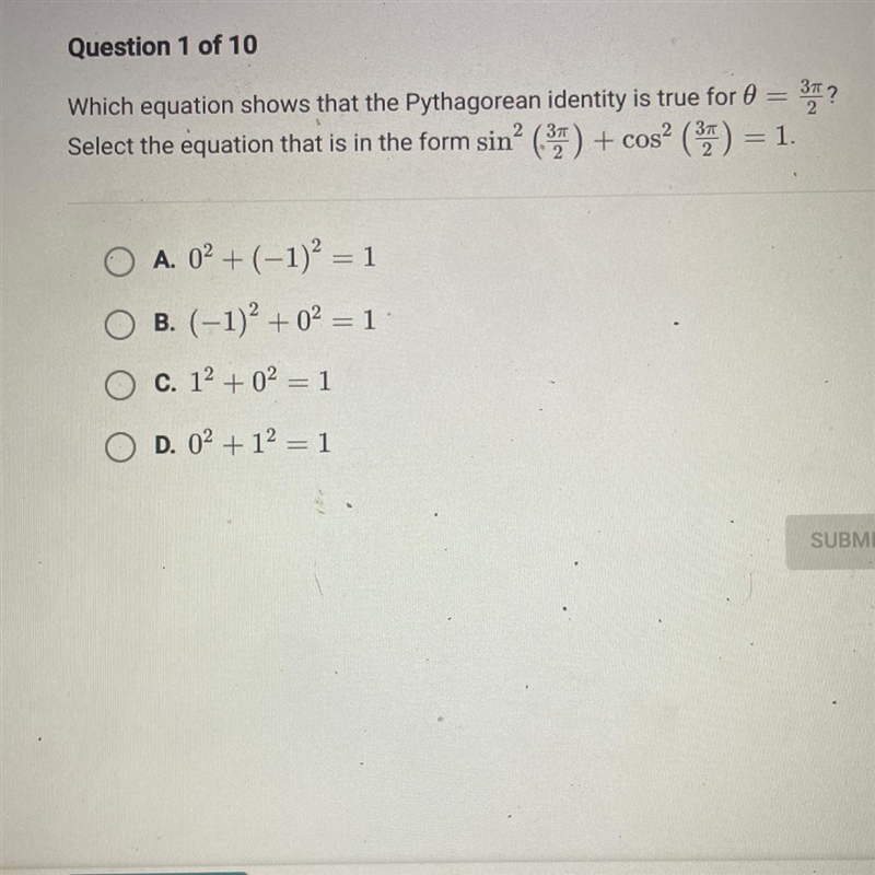 Which equation shows that the Pythagorean identity is true for 0=3pi/2-example-1