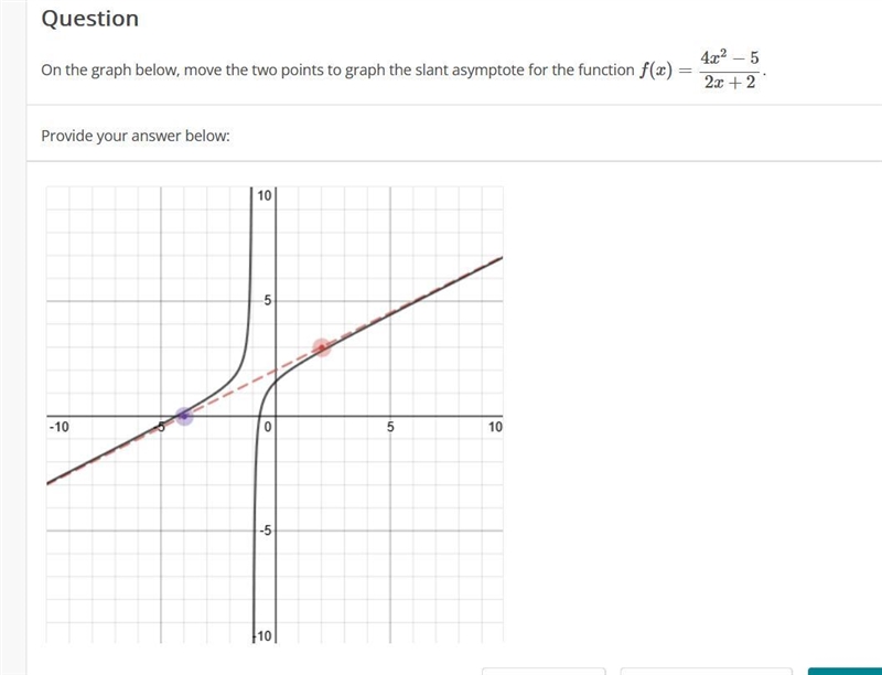 Check pictureOn the graph below, move the two points to graph the slant asymptote-example-1