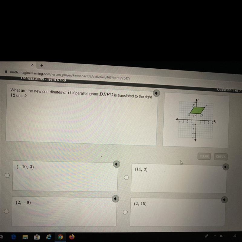 What are the new coordinates of D if parallelogram DEFG is translated to the right-example-1