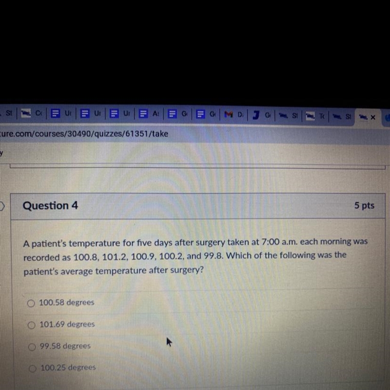 A patient’s temperature for five days after surgery taken at 7 AM each morning was-example-1