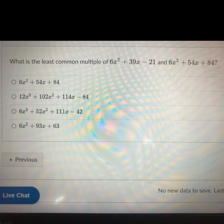 What is the least common multiple of 6x^2+39x and 6x^2+54x+84?-example-1