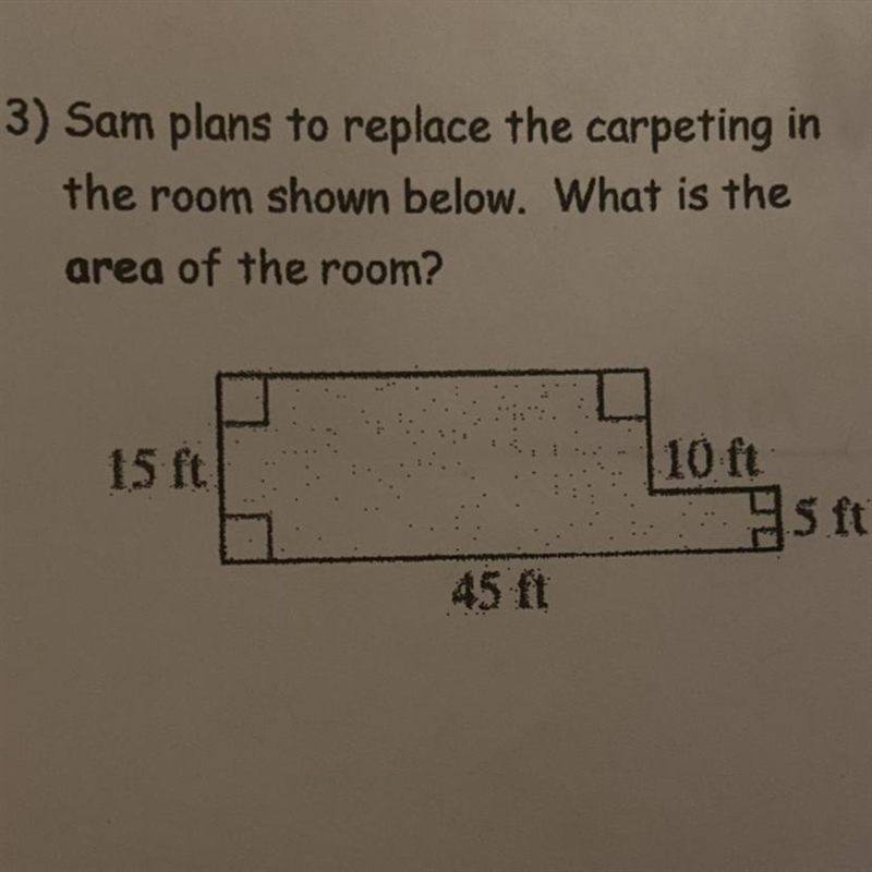 Sam plans to replace the carpet in the room shown below. what is the area of the room-example-1