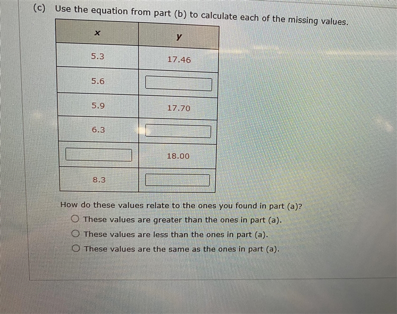 Use the values provided to calculate each of missing values (need to answer questions-example-2