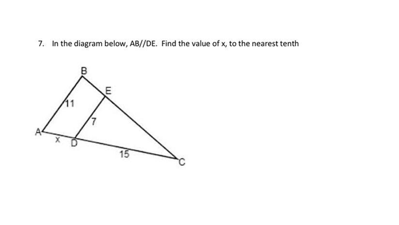 In the diagram below, AB//DE. Find the value of x, to the nearest tenth-example-1