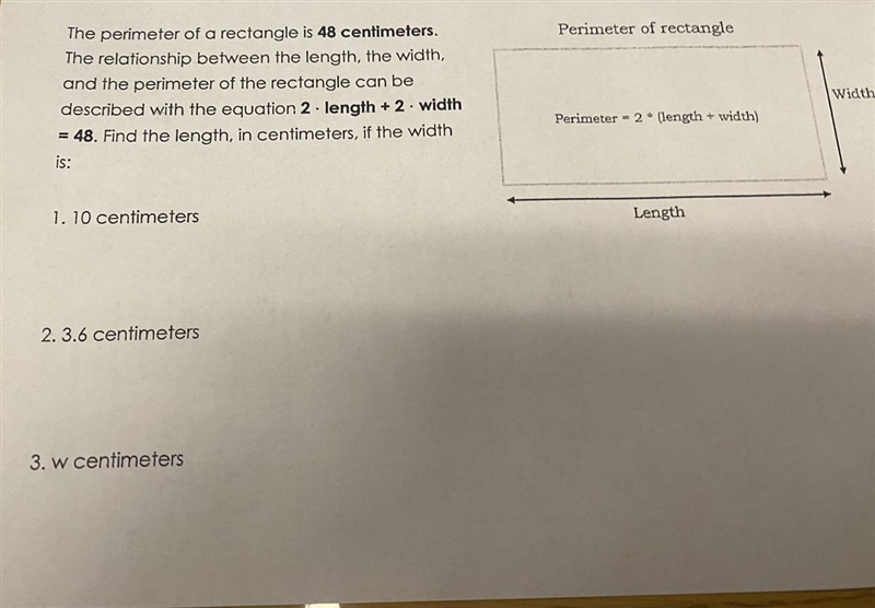 The perimeter of a rectangle is 48 centimeters. the relationship between the length-example-1