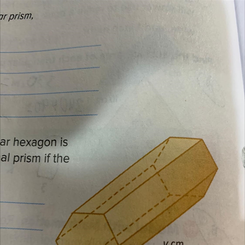 A prism with a base that is a regular hexagon shown. How would you find the surface-example-1