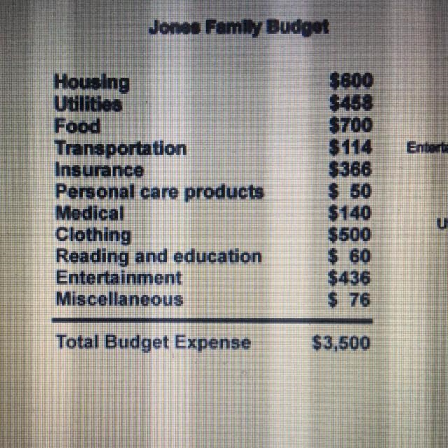 Determine all of the percentages of each category in the Jones family budget.-example-1