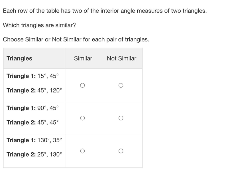 Each row of the table has two of the interior angle measures of two triangles.Which-example-1