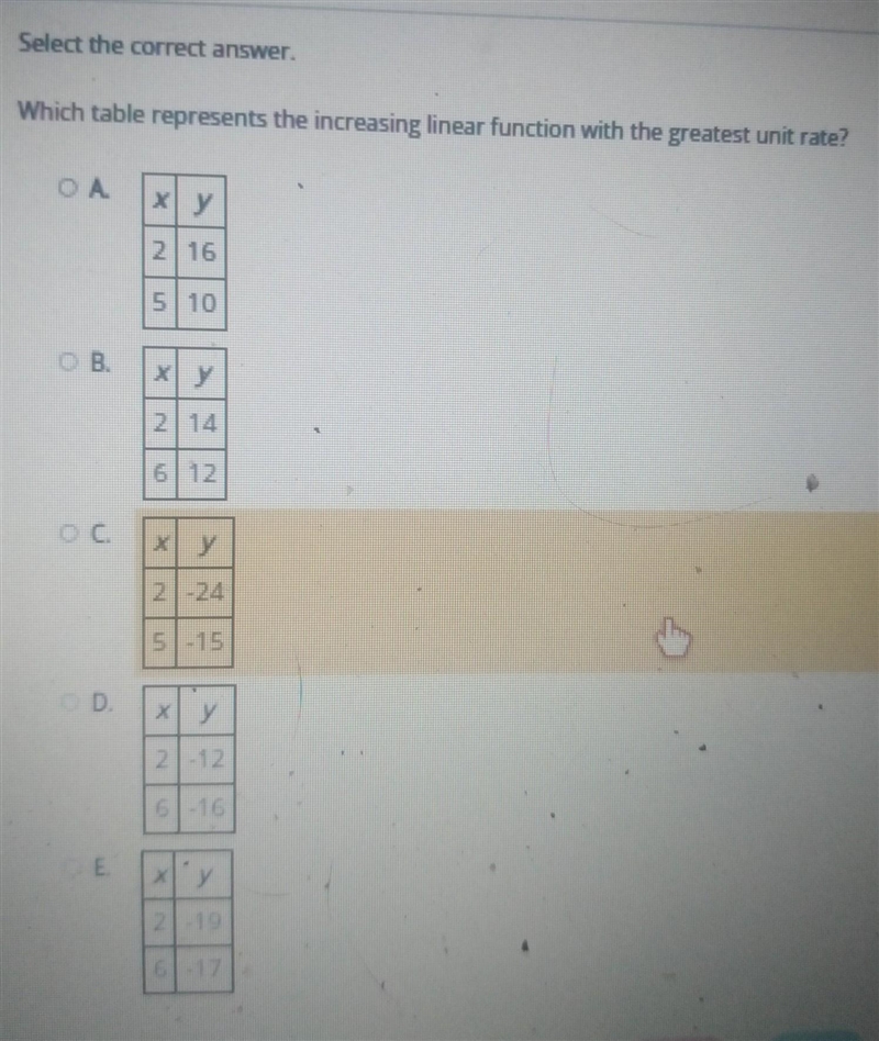 Select the correct answer Which table represents the increasing linear function with-example-1