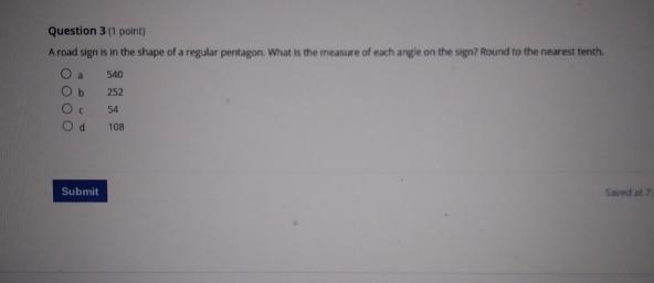 A road sign is in the shape of a regular pentagon. What is the measure of each angle-example-1