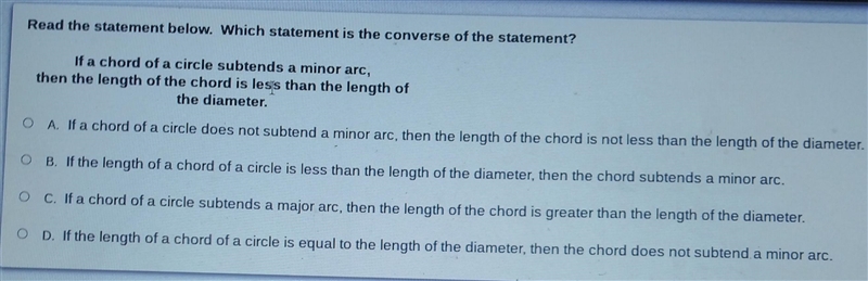 If a chord of a circle subtends a minor arc, then the length of the chord is less-example-1