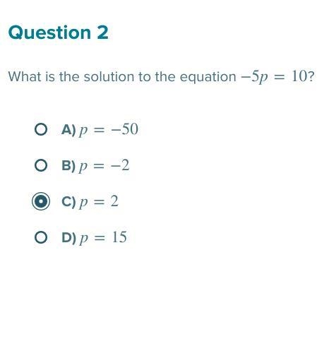 What is the solution to the equation −5p=10 ?-example-1