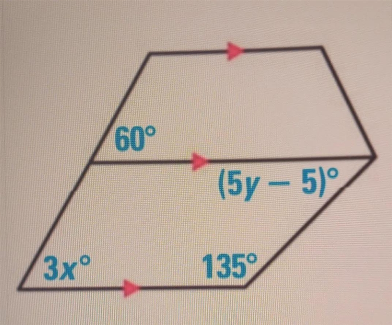 Find the measure of each labeled angle as well as x and y.-example-1