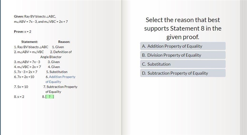 Select the reason that best supports Statement 8 in the given proof.-example-1