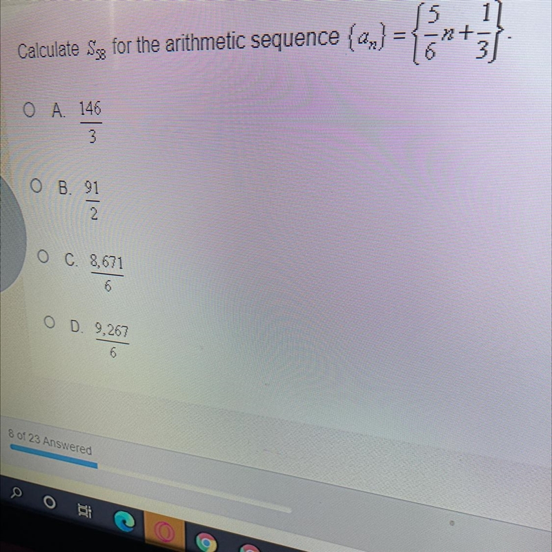 Calculate Sse for the arithmetic sequence {a,}5sequence {1,3 ={}+}=Ο Α. 1463OB. 91220 C-example-1