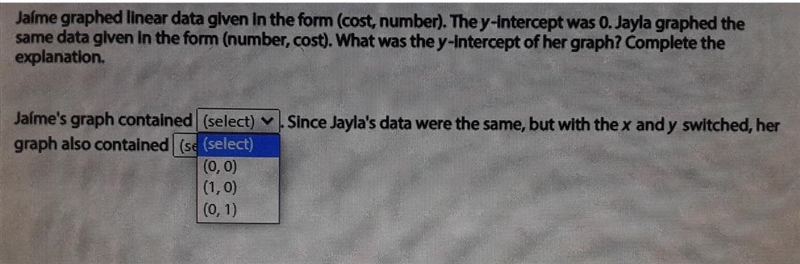 Jalme graphed linear data given in the form (cost, number). The y-Intercept was 0. Jayla-example-1