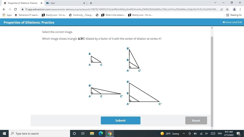 Select the correct image.Which image shows triangle dilated by a factor of 3 with-example-1