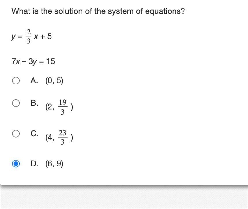 What is the solution of the system of equations?y = 23x + 57x – 3y = 15-example-1