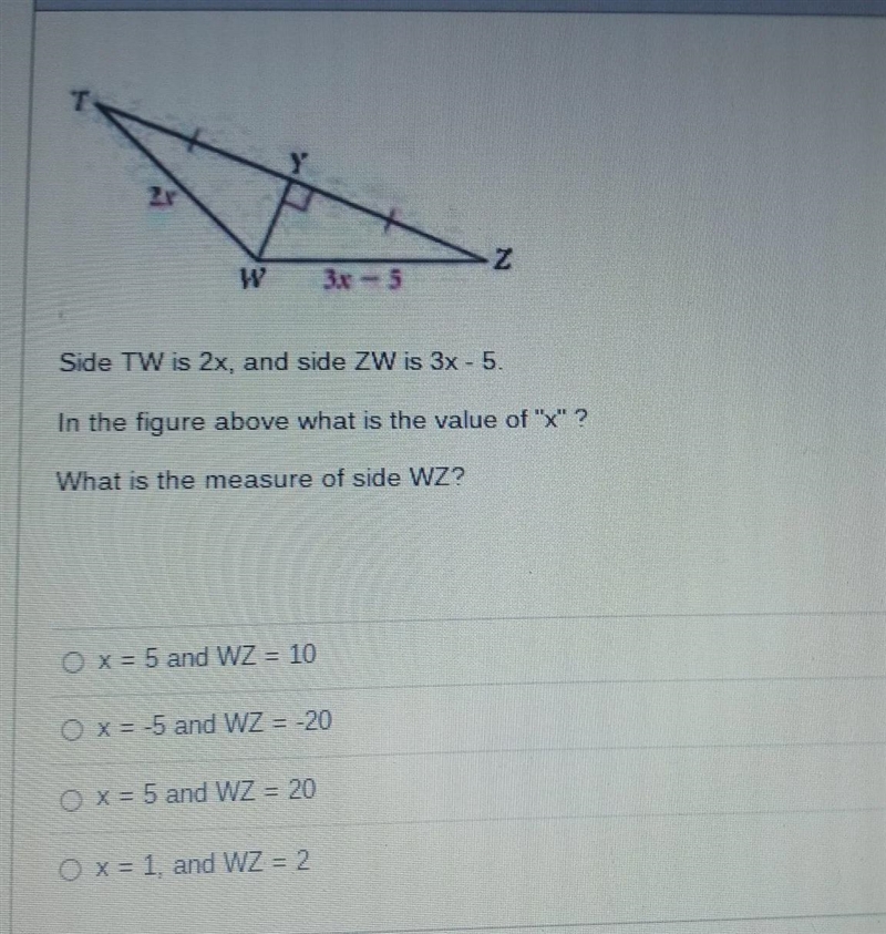 In the figure above what is the value of X what is the measure is side WZ-example-1