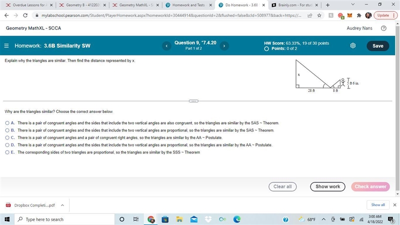 Why are the triangles similar? Choose the correct answer below.-example-1