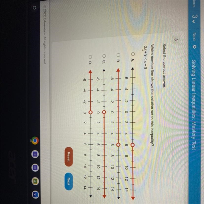 Help Which number line shows the solution set to this inequality? -20 + 9-example-1