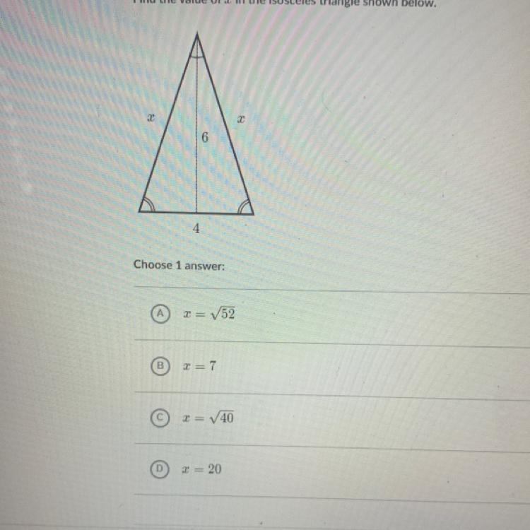 Find the value of z in the isosceles triangle shown below. 4 Choose 1 answer: I= √52 2=7 2= √40 2 == 20-example-1