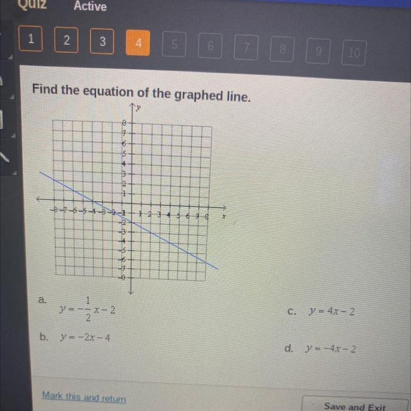 Find the equation of the graphed line. .......... - 8 ry db a. a. 1 y = --X-2 C. y-example-1