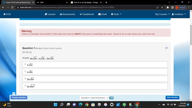 Question 1(Multiple Choice Worth 2 points)(01.03 LSimplify 4 x times the square root-example-1