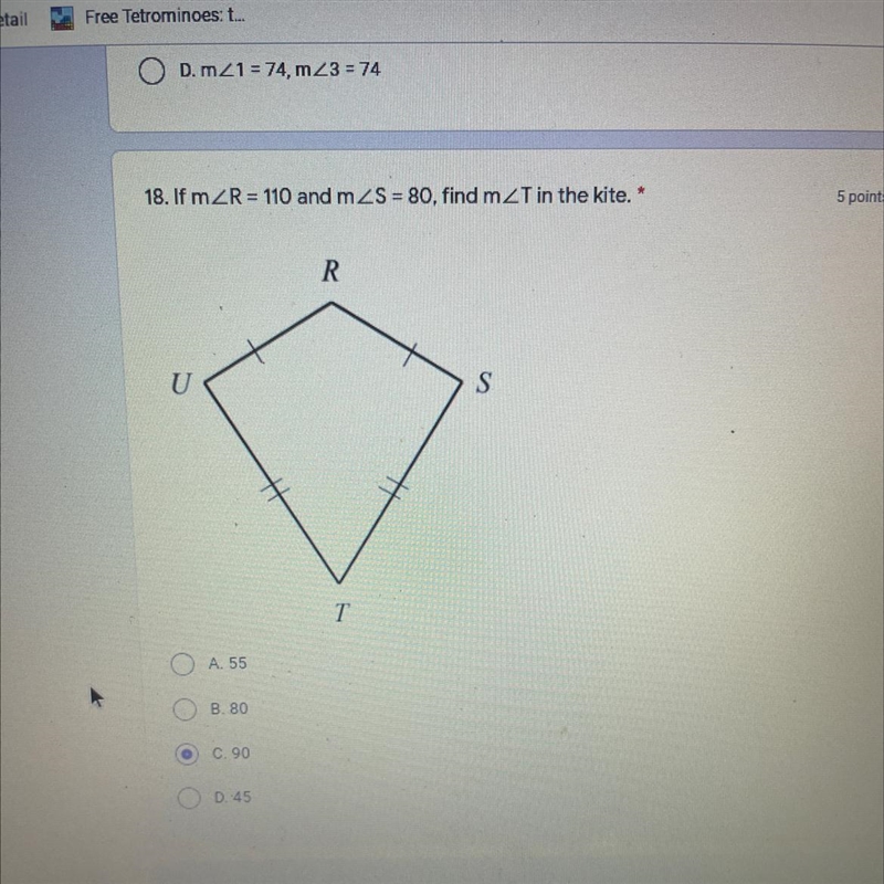 If the measure of angle R equals 110 and the measure of angle S equals 80 find the-example-1