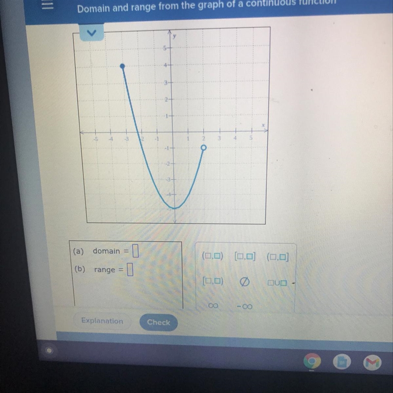 The entire graph of the function h is shown in the figure below.Write the domain and-example-1