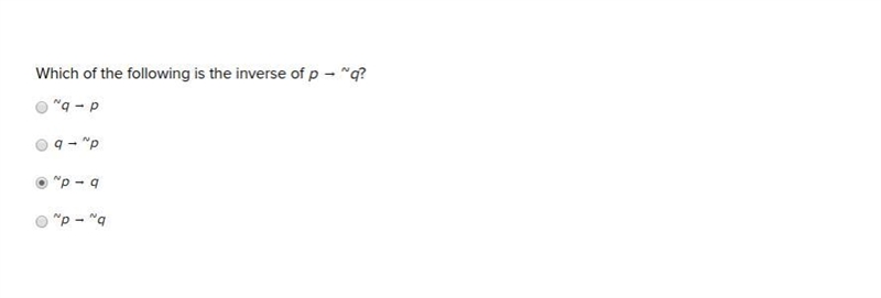 Which of the following is the inverse of p → ~q?-example-1