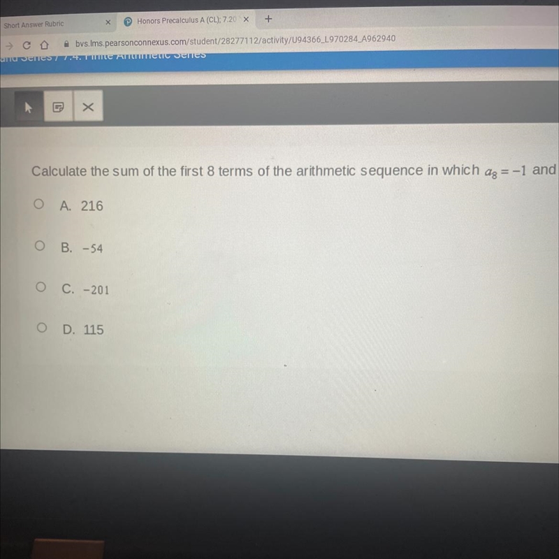 Calculate the sum of the first 8 terms of the arithmetic sequence in which a8=-1 and-example-1